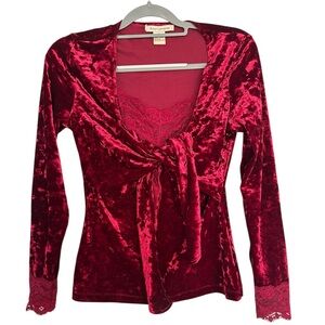 Susan Lawrence Burgundy Crushed Velvet Lace Cami With Tie Front Cardigan vintage